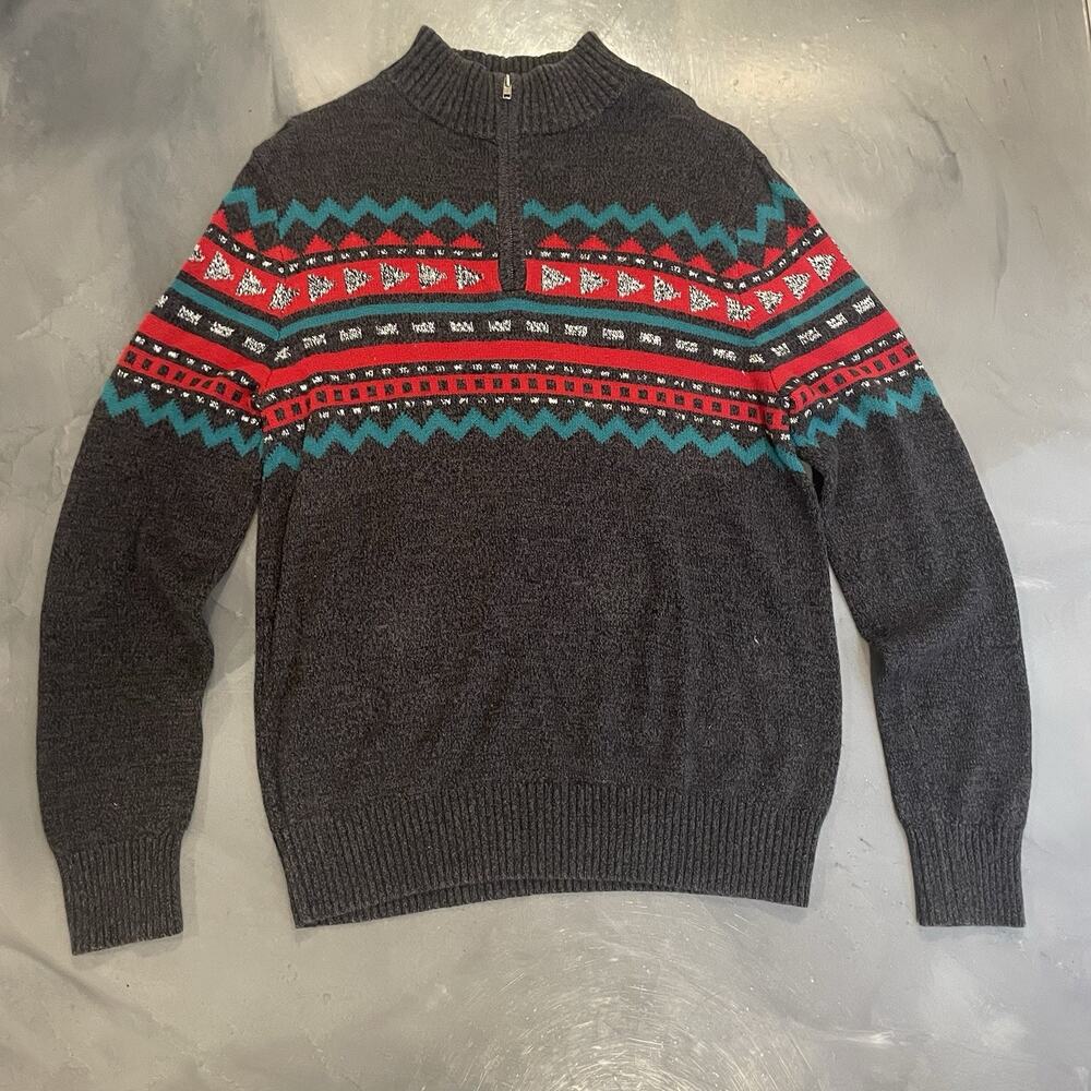 Urban Pipeline Men's Sweater Large Gray Red Green Fair Isle‎ Half Zip Nordic Ski